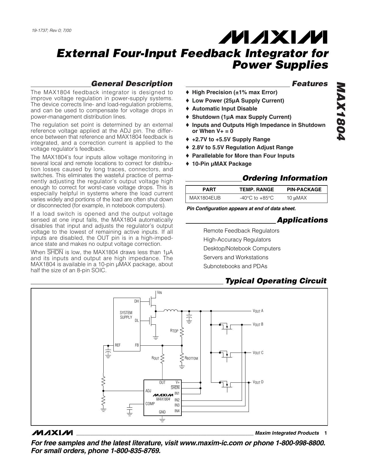 MAX1804 Full Data Sheet (PDF) by Maxim