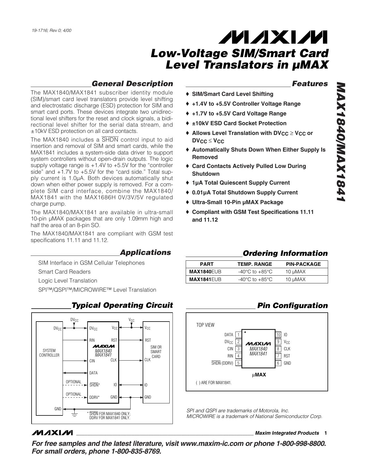 MAX1840 Full Data Sheet (PDF) by Maxim