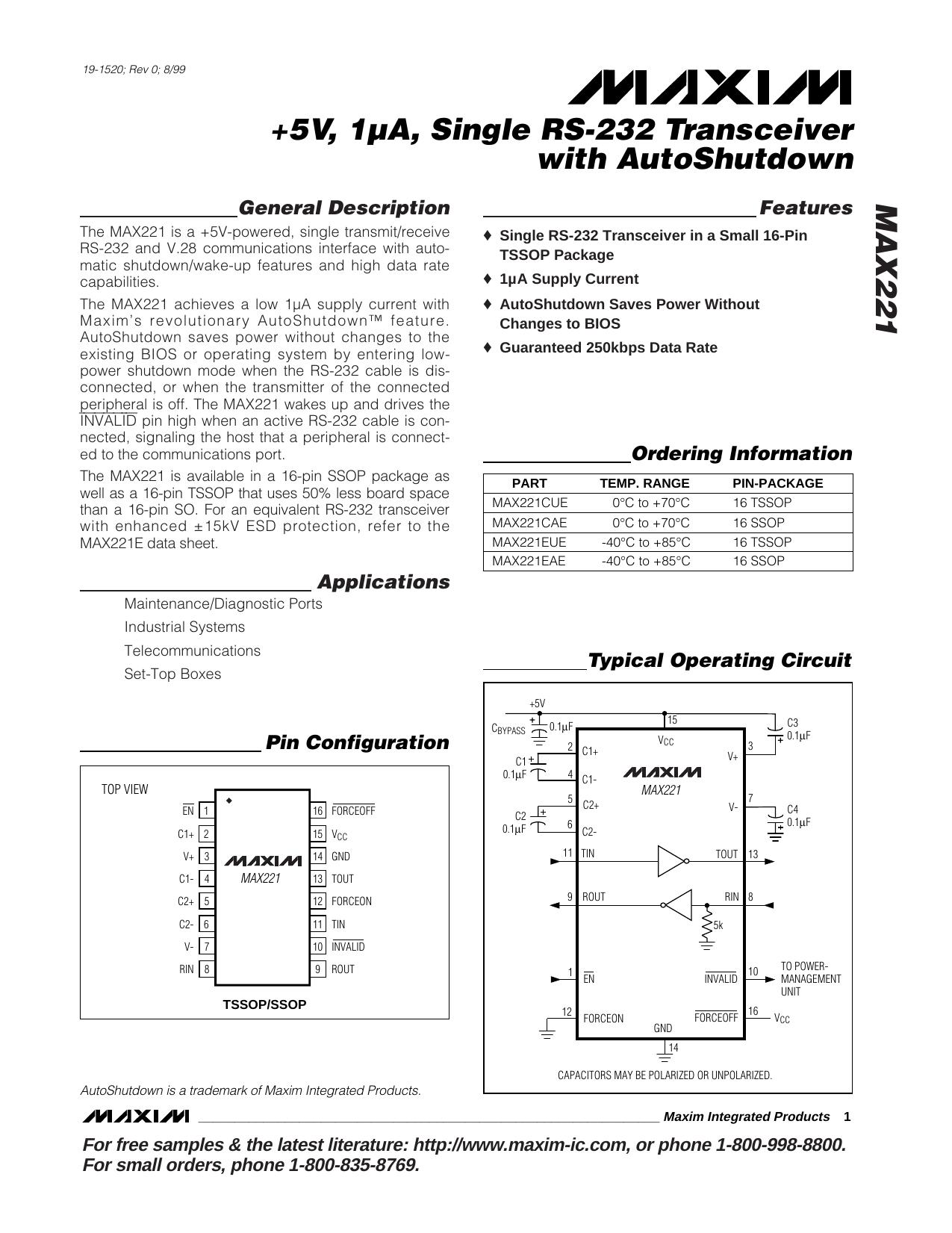 MAX221 Full Data Sheet (PDF) by Maxim