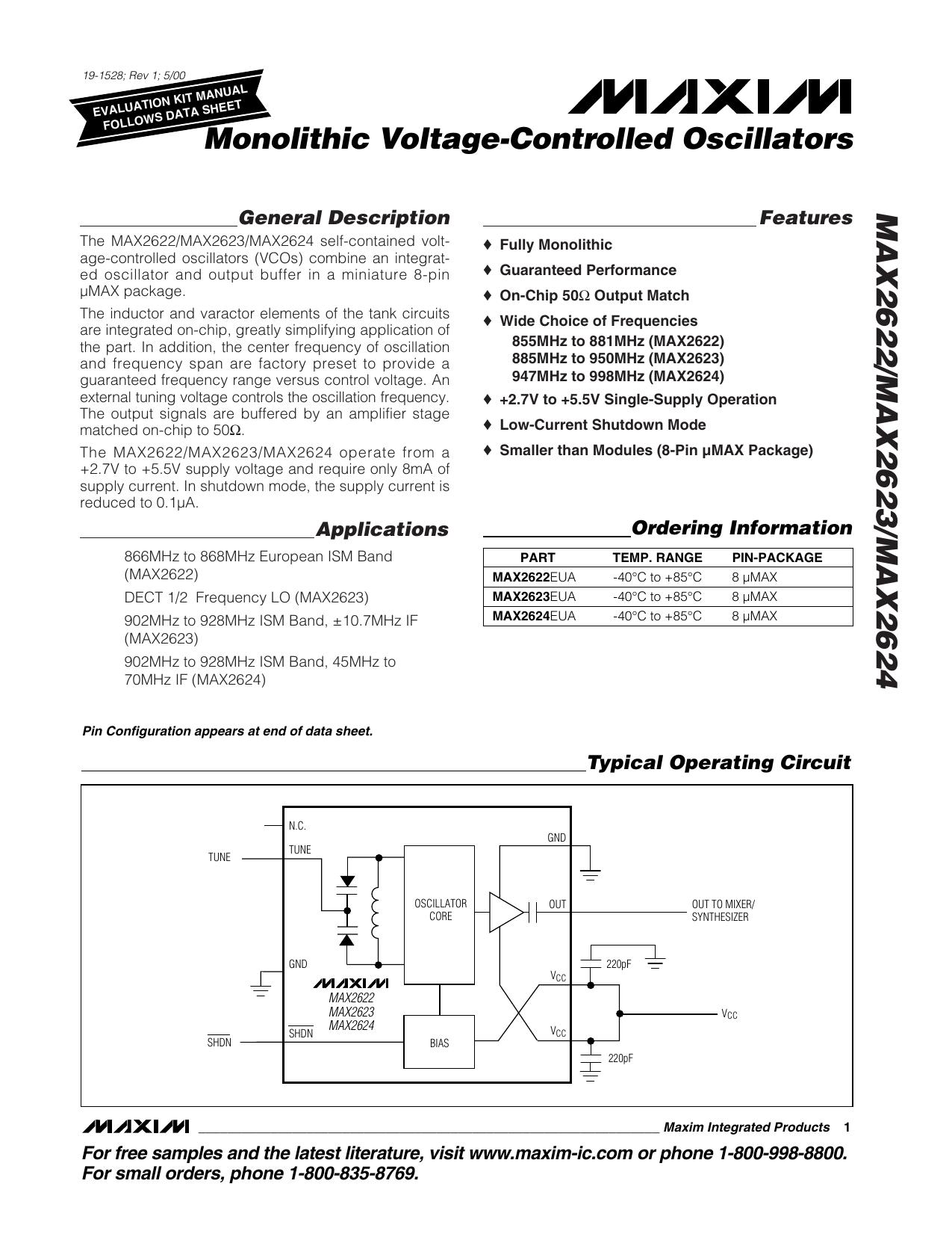 MAX2622MAX2623MAX2624 Full Data Sheet (PDF) by Maxim