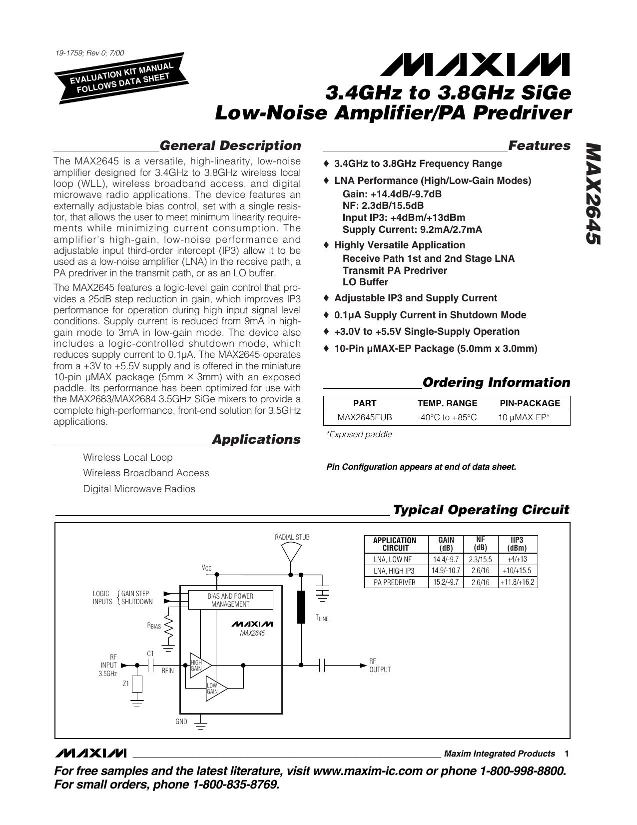 MAX2645 Full Data Sheet (PDF) by Maxim