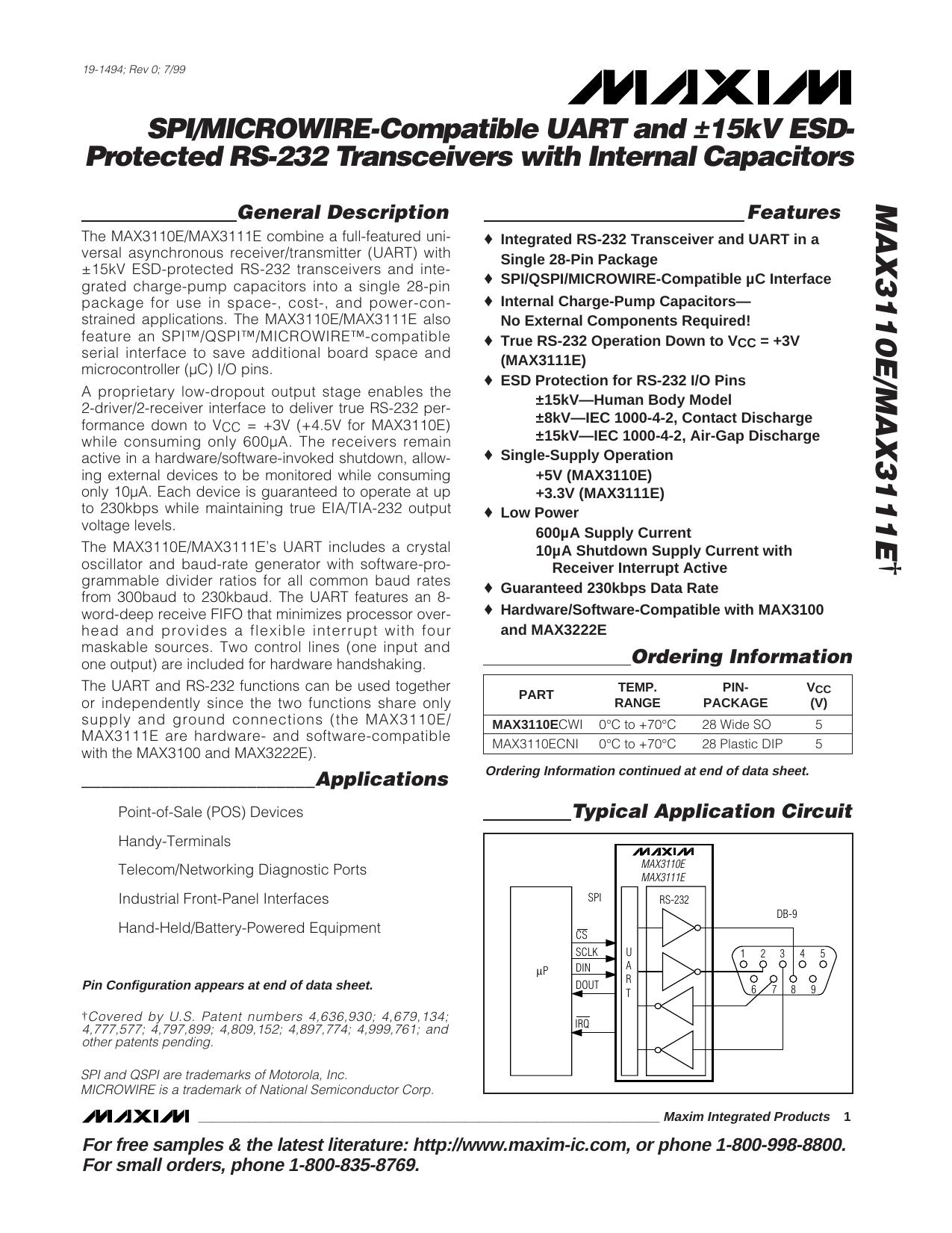MAX3110E Full Data Sheet (PDF) by Maxim