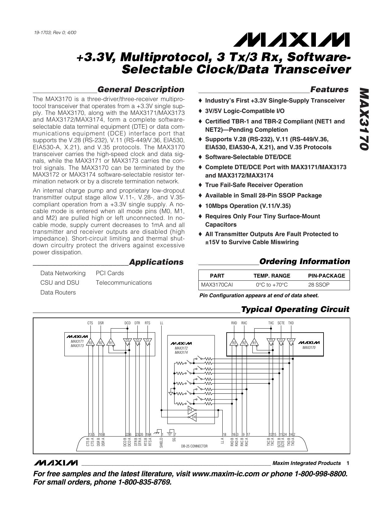 MAX3170 Full Data Sheet (PDF) by Maxim