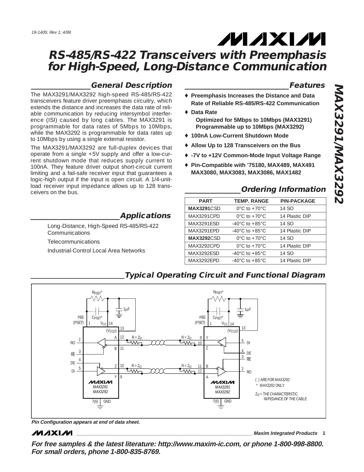MAX3291MAX3292 Full Data Sheet (PDF) by Maxim