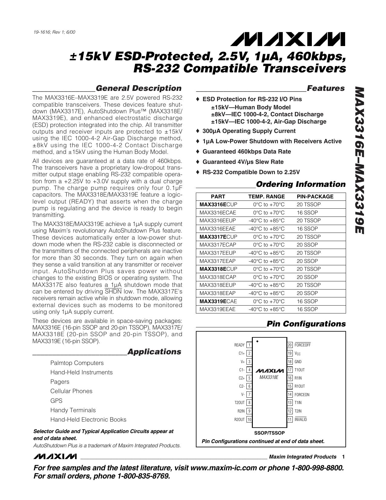 MAX3316EMAX3317EMAX3318EMAX3319E Full Data Sheet (PDF) by Maxim