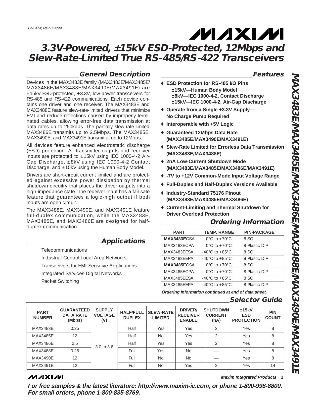MAX3483EMAX3485EMAX3486EMAX3488E Full Data Sheet (PDF) by Maxim