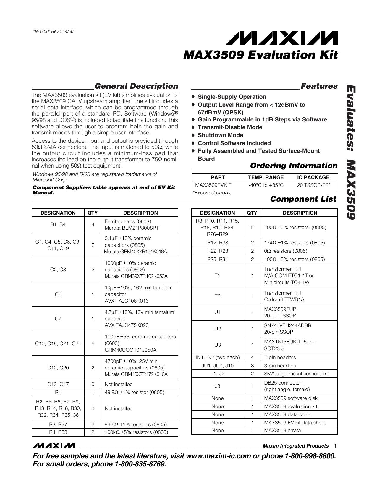 MAX3509 EV Kit Full Data Sheet (PDF) by Maxim