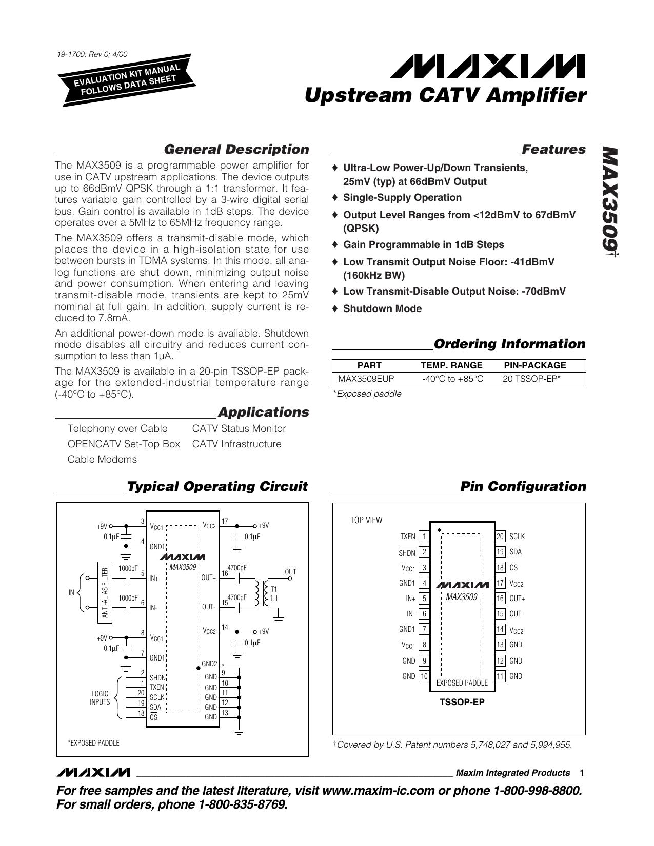 MAX3509 Full Data Sheet (PDF) by Maxim