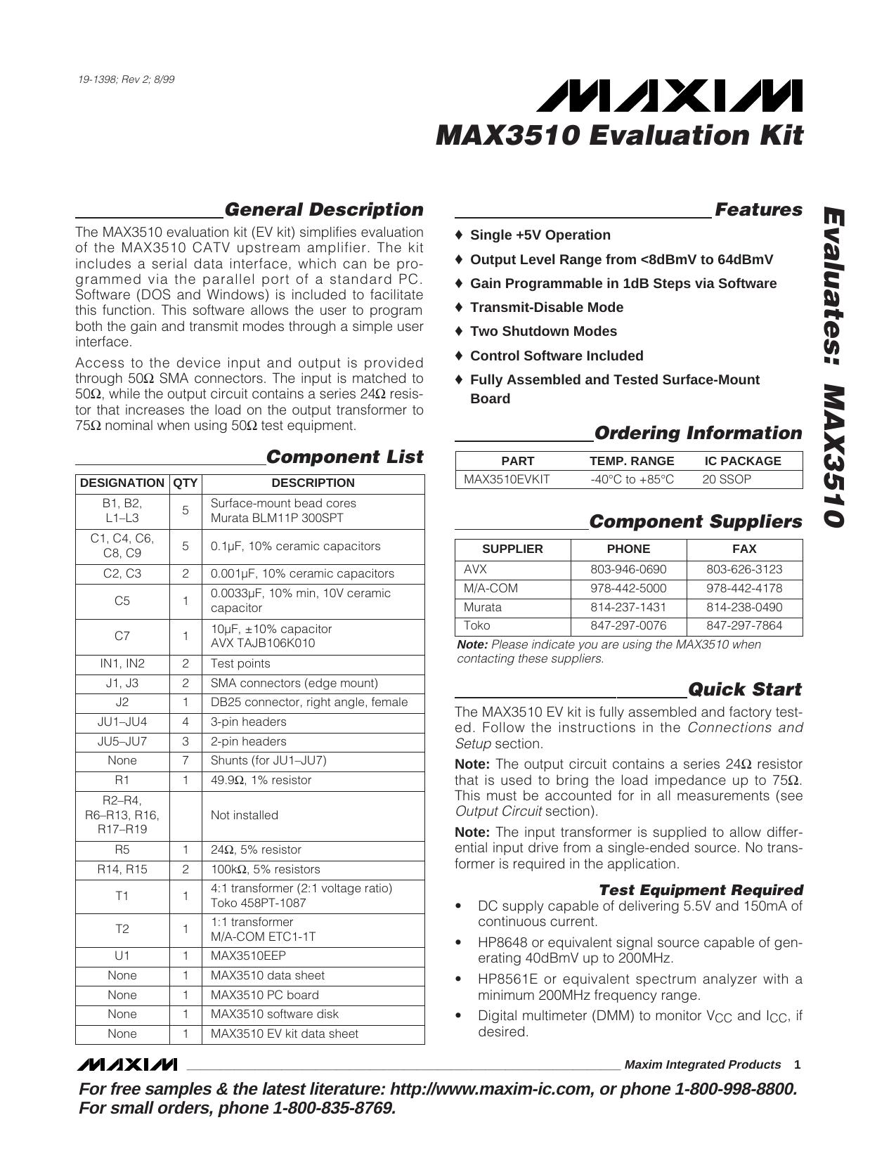 MAX3510 EV Kit Full Data Sheet (PDF) by Maxim