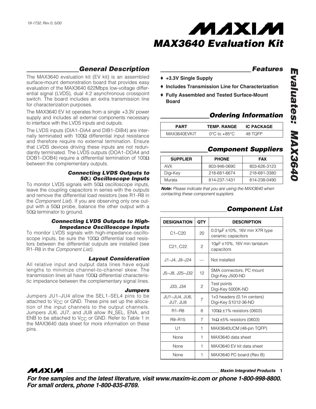 MAX3640 EV Kit Full Data Sheet (PDF) by Maxim
