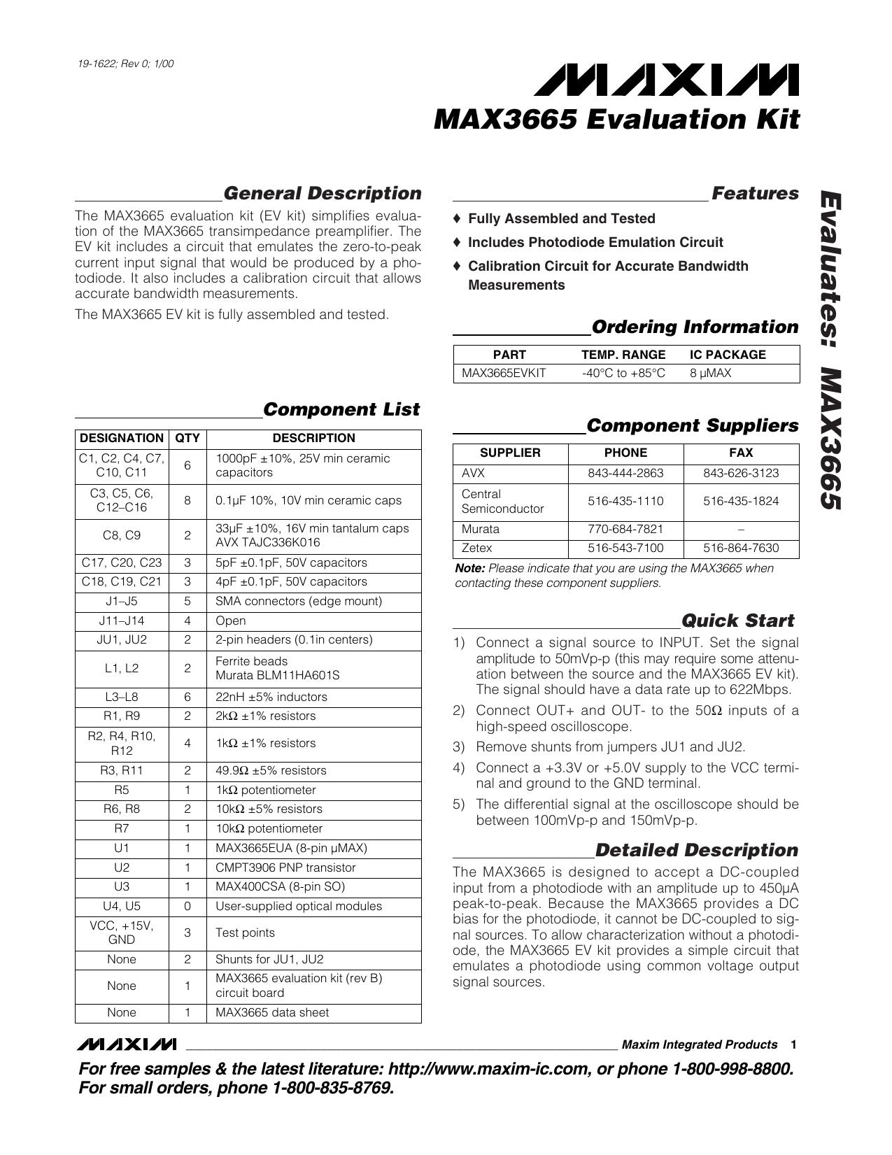 MAX3665 EV Kit Full Data Sheet (PDF) by Maxim