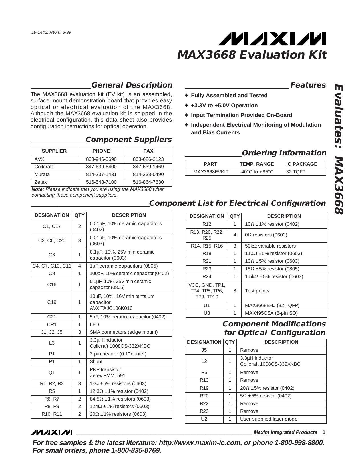 MAX3668 EV Kit Full Data Sheet (PDF) by Maxim