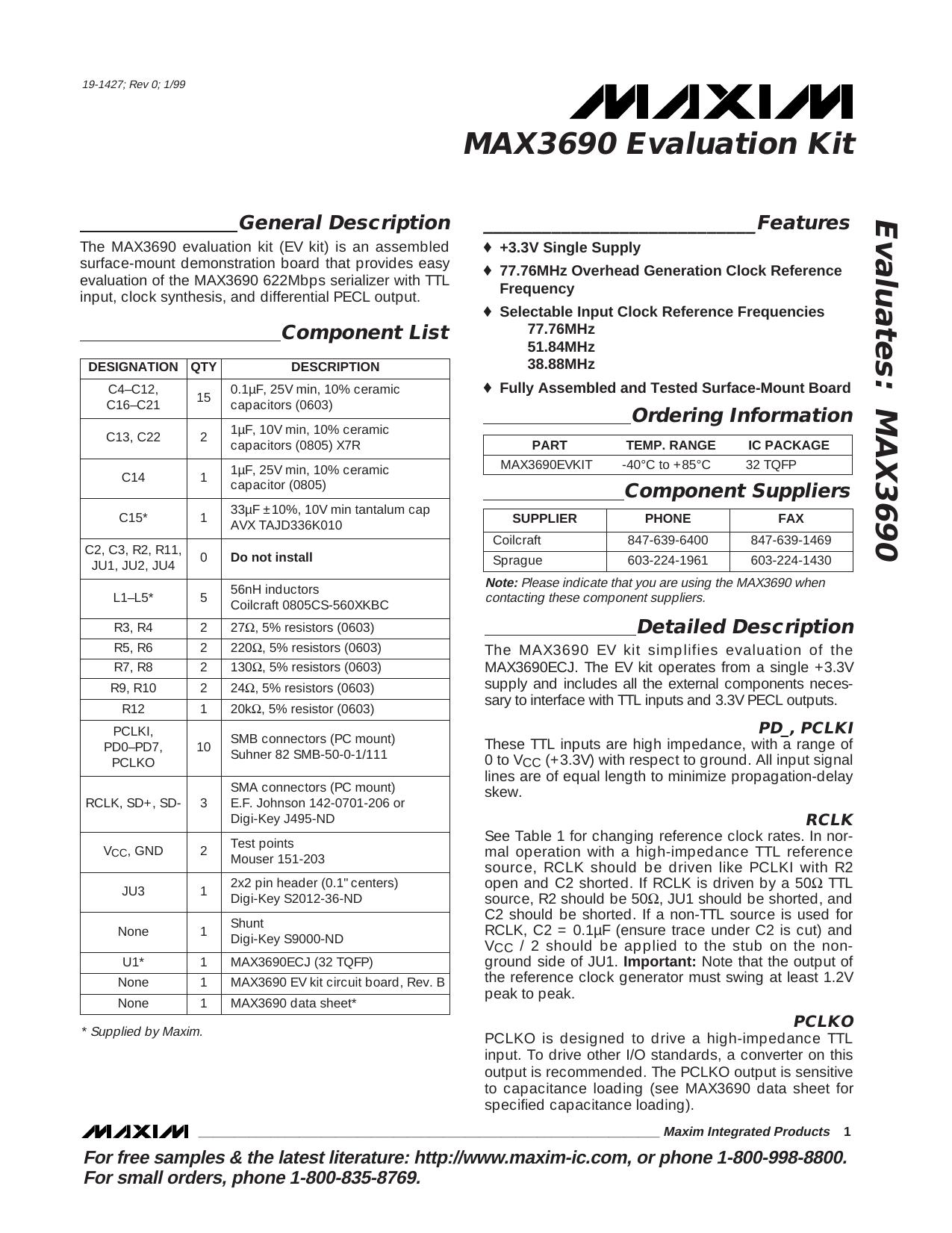 MAX3690 EV Kit Full Data Sheet (PDF) by Maxim