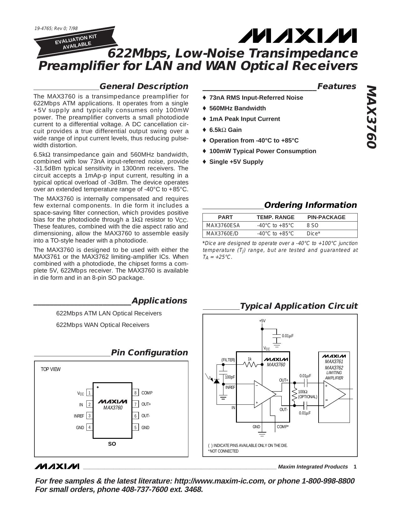 MAX3760 Full Data Sheet (PDF) by Maxim