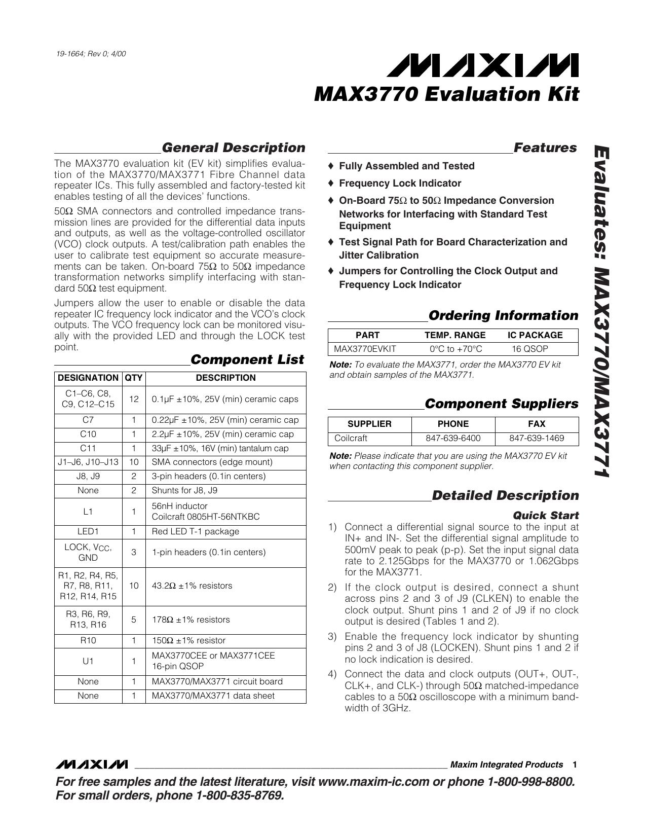 MAX3770MAX3771 EV Kit Full Data Sheet (PDF) by Maxim