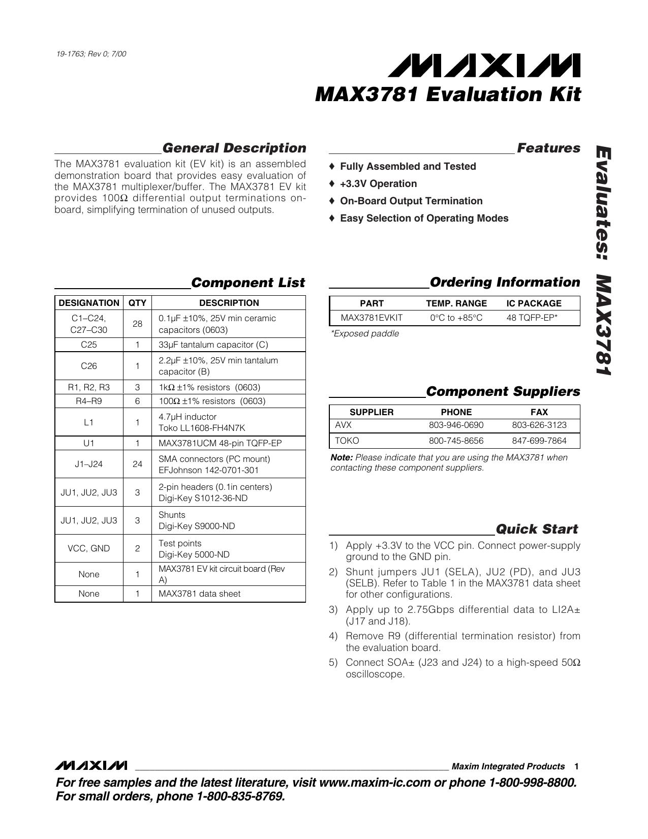 MAX3781 EV Kit Full Data Sheet (PDF) by Maxim