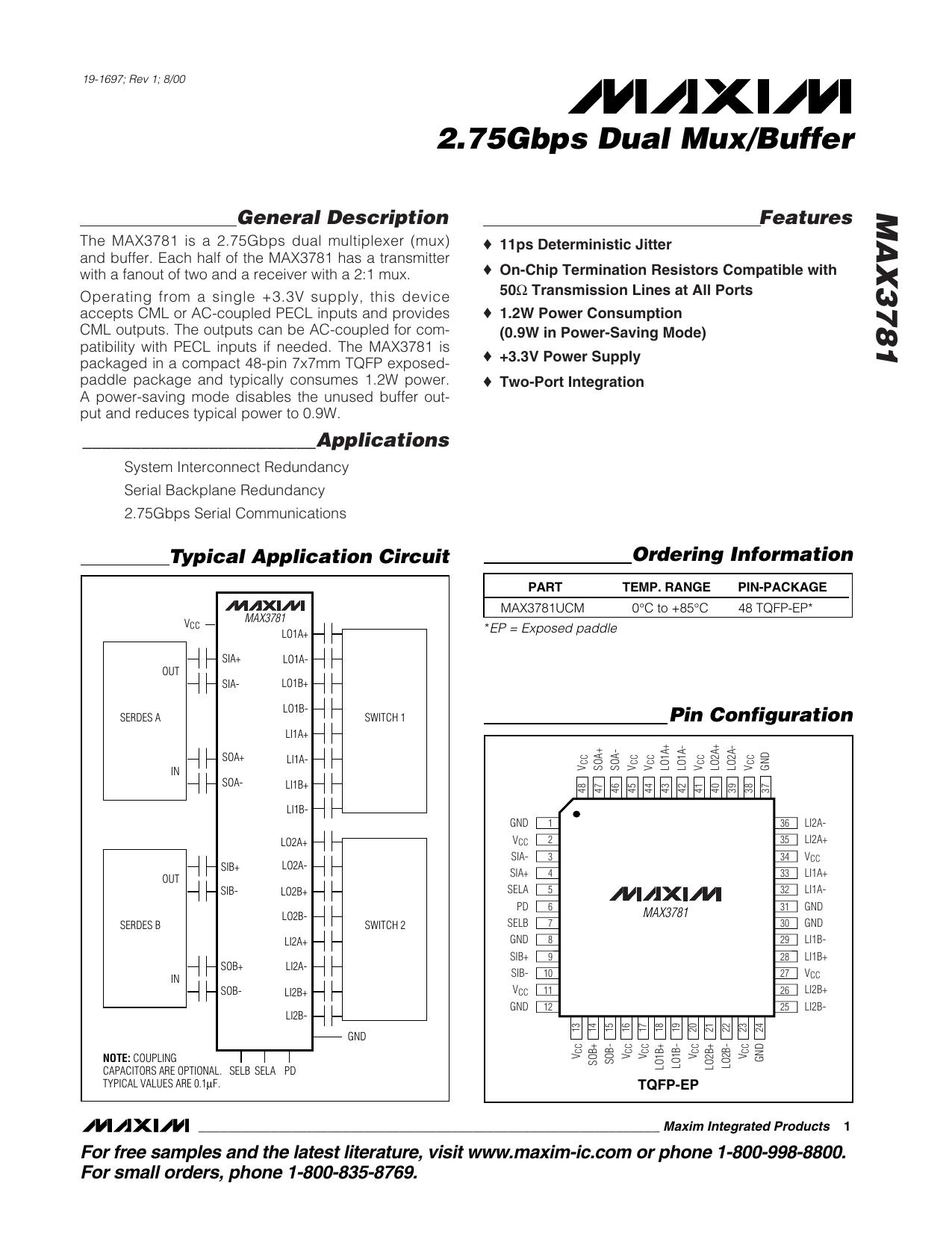 MAX3781 Full Data Sheet (PDF) by Maxim