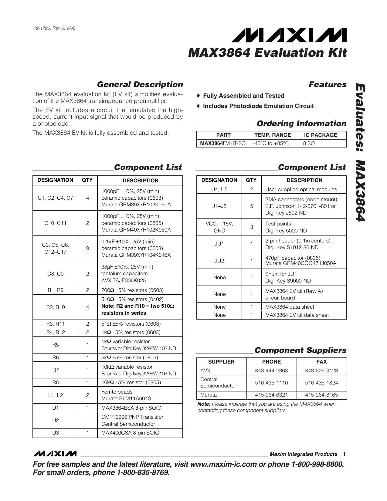 MAX3864 EV Kit Full Data Sheet (PDF) by Maxim
