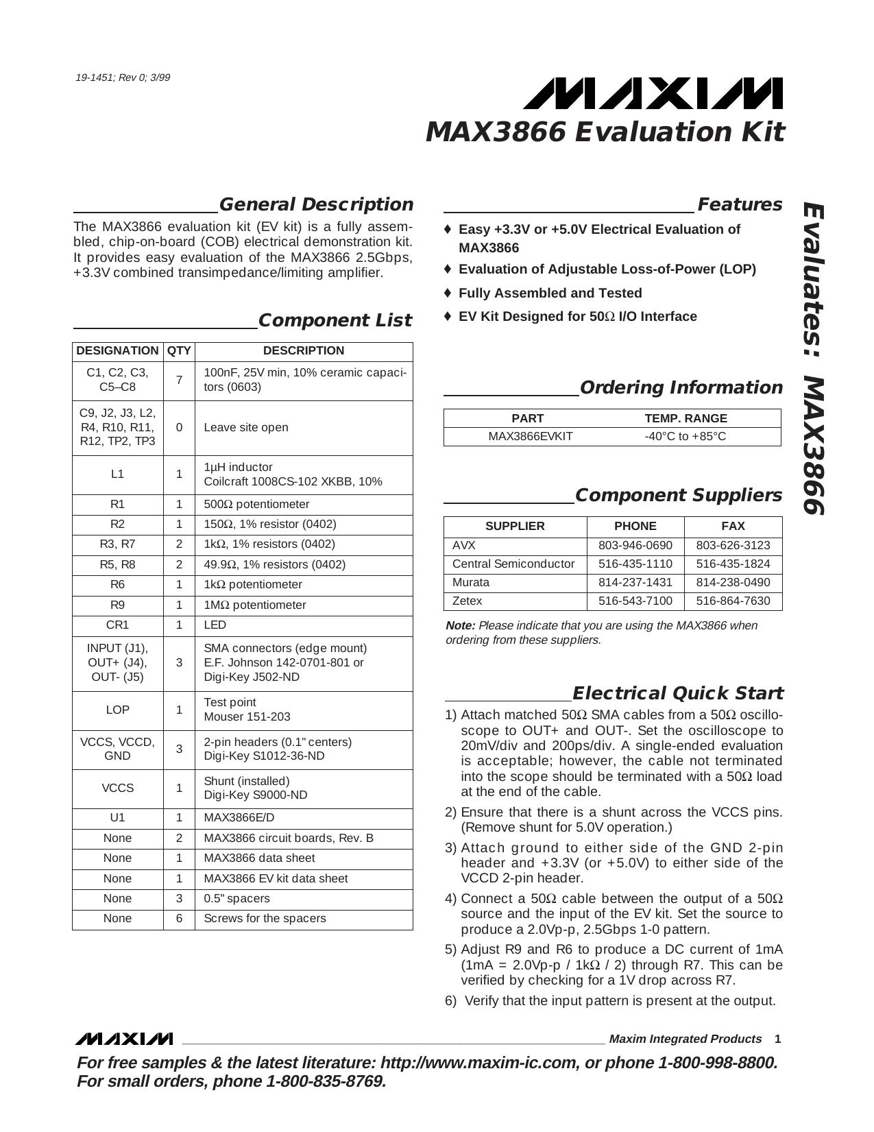MAX3866 EV Kit Full Data Sheet (PDF) by Maxim