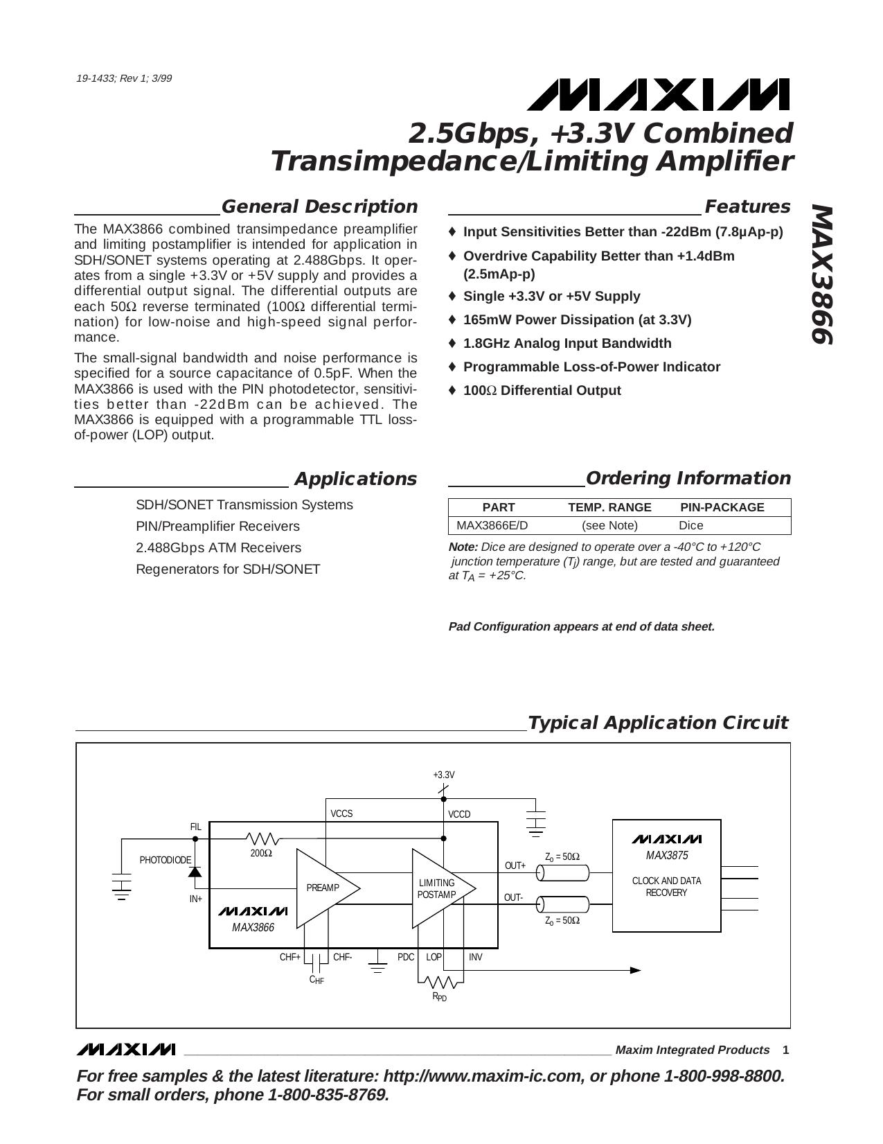 MAX3866 Full Data Sheet (PDF) by Maxim
