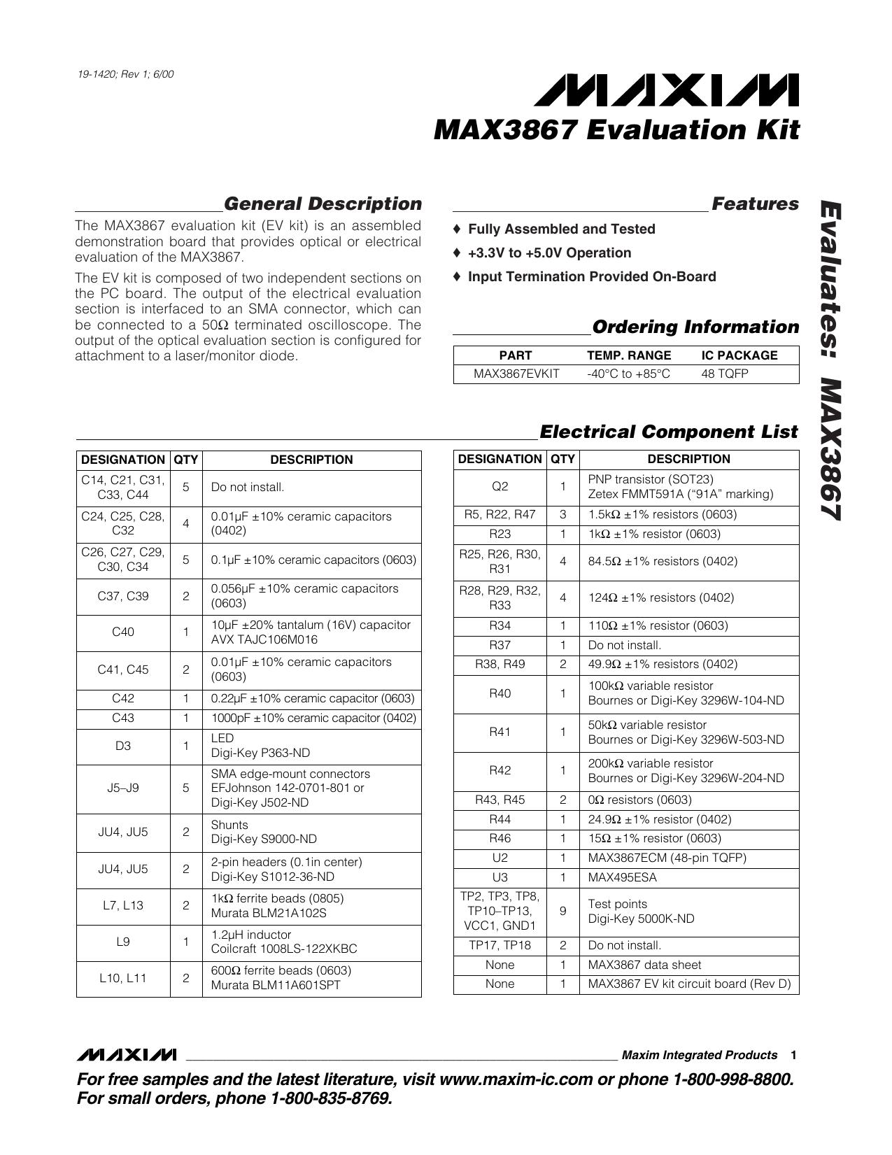 MAX3867 EV Kit Full Data Sheet (PDF) by Maxim