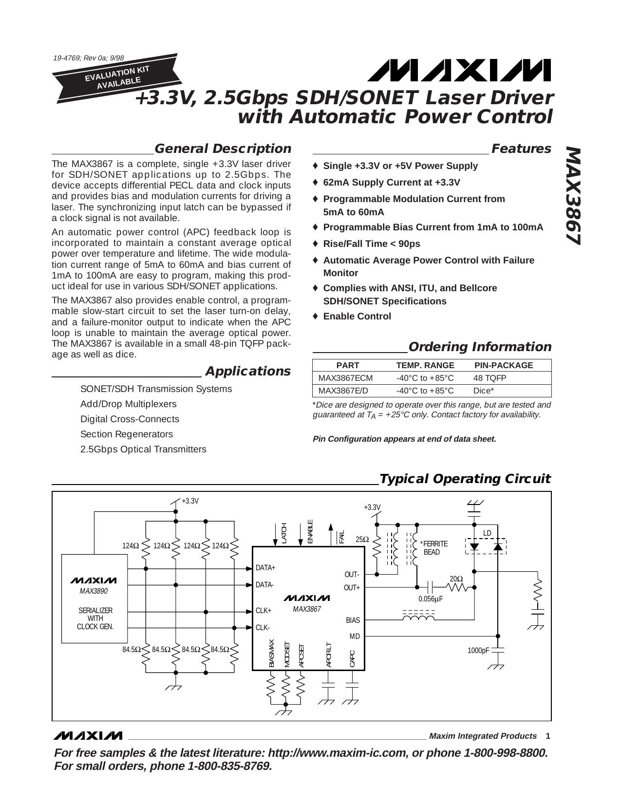 MAX3867 Full Data Sheet (PDF) by Maxim