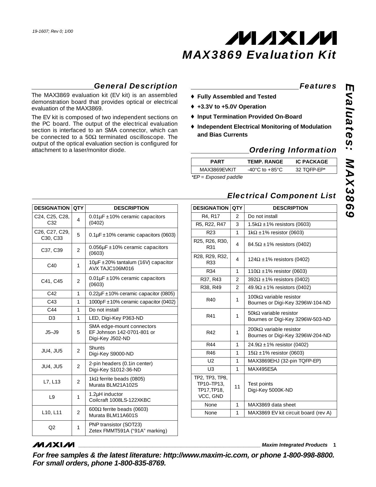 MAX3869 EV Kit Full Data Sheet (PDF) by Maxim