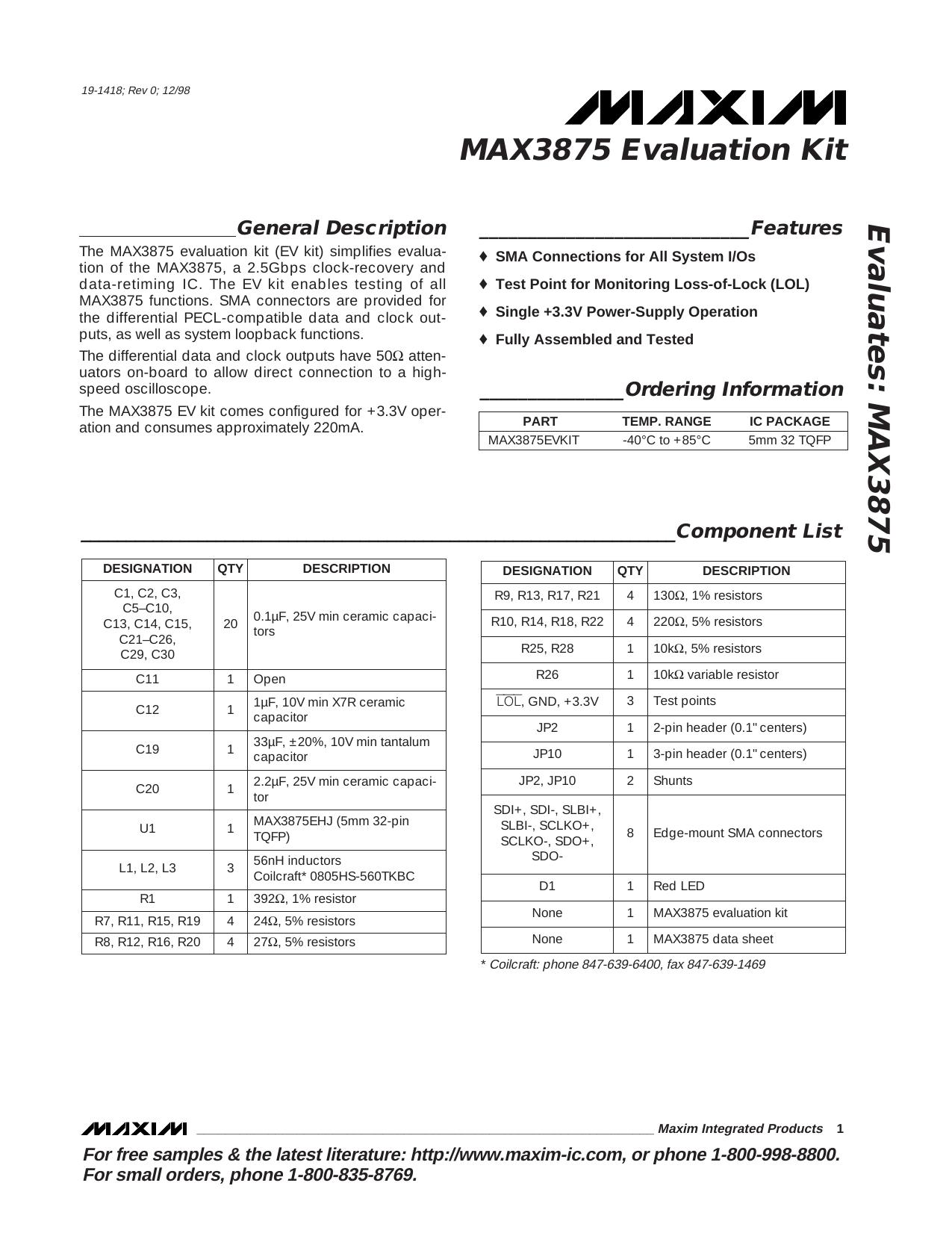 MAX3875 EV Kit Full Data Sheet (PDF) by Maxim