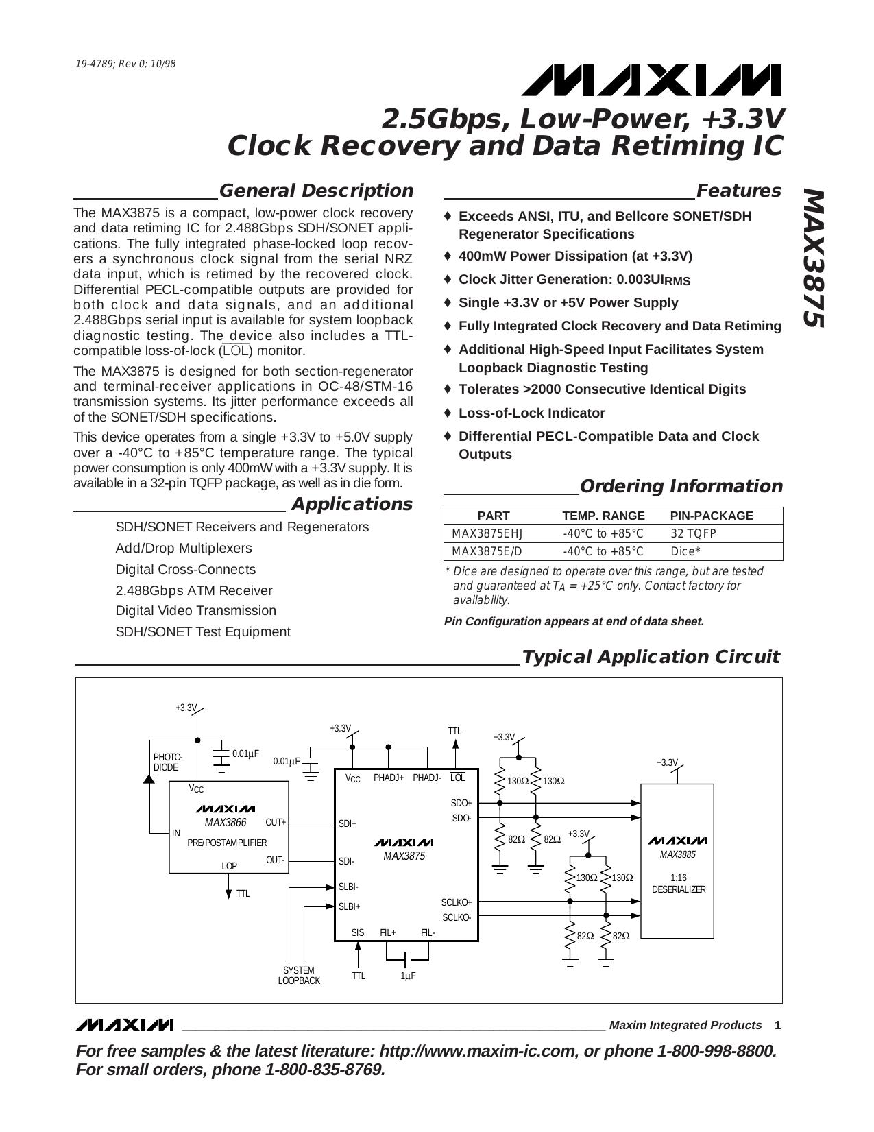 MAX3875 Full Data Sheet (PDF) by Maxim