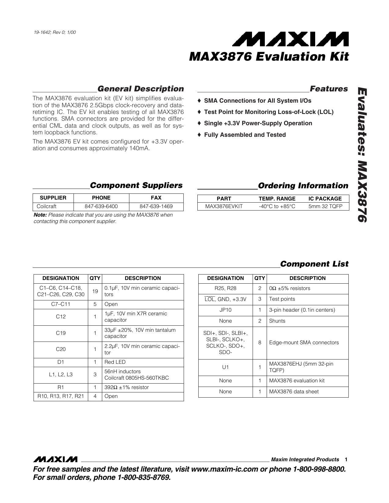 MAX3876EV Kit Full Data Sheet (PDF) by Maxim