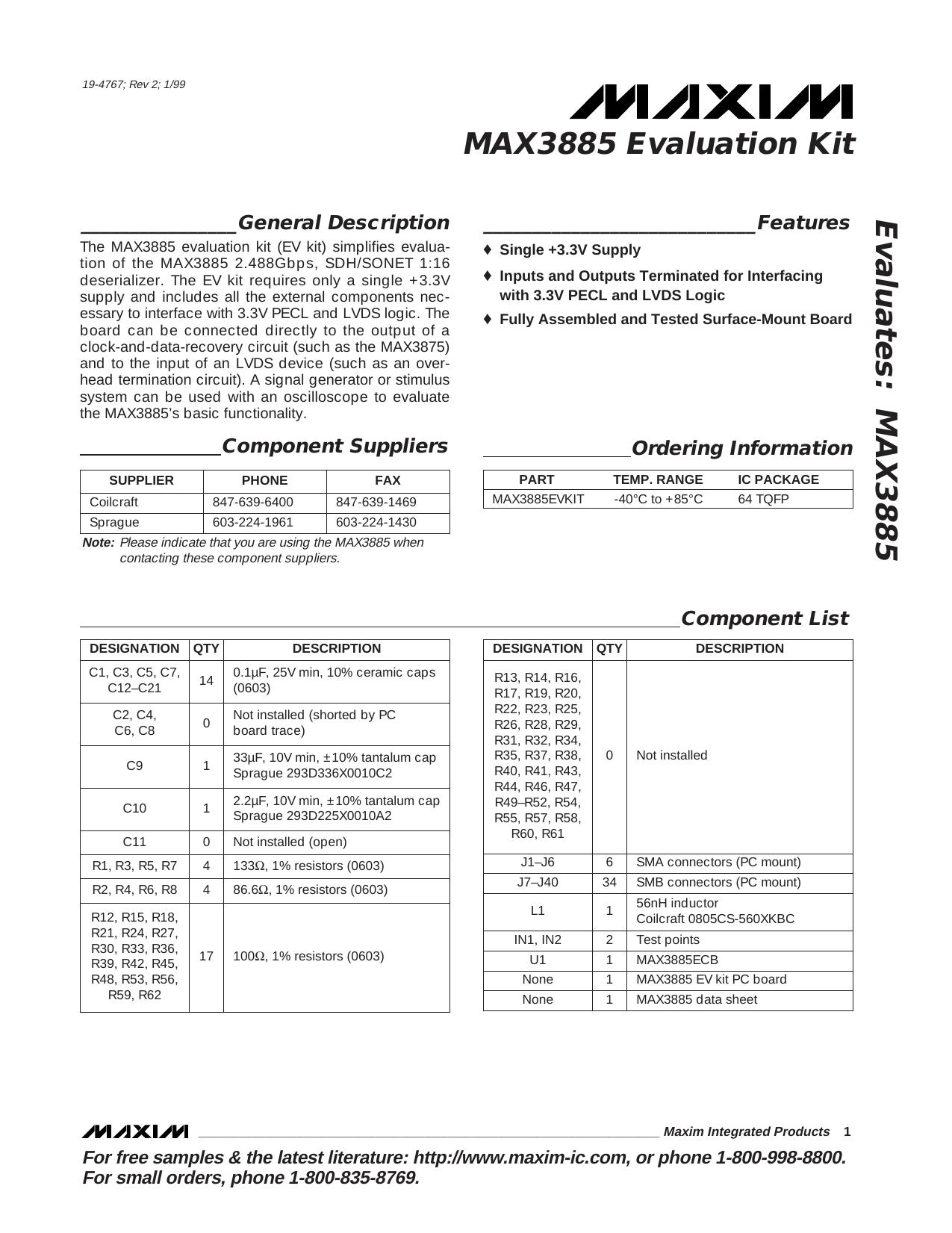 MAX3885 EV Kit Full Data Sheet (PDF) by Maxim