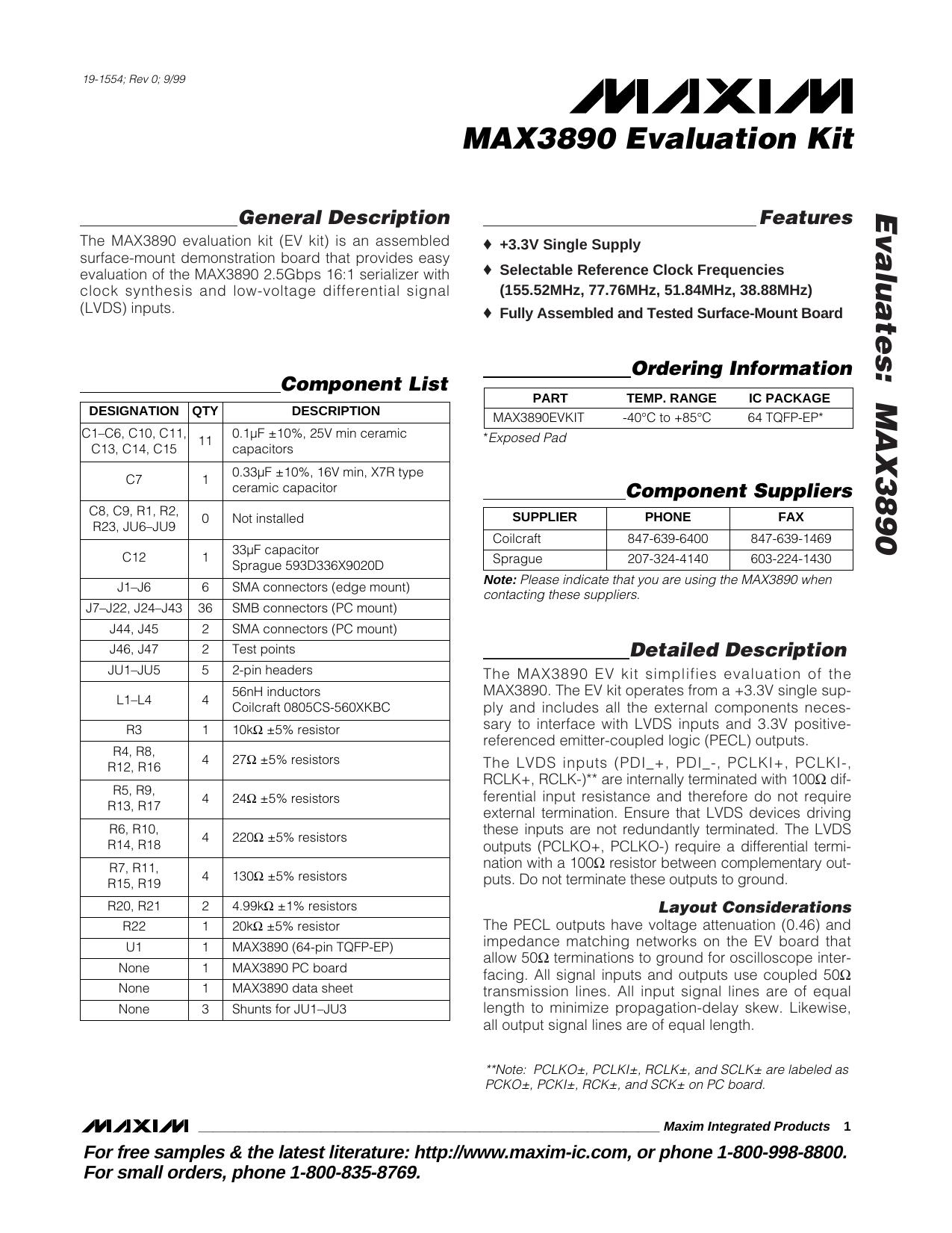 MAX3890 EV Kit Full Data Sheet (PDF) by Maxim