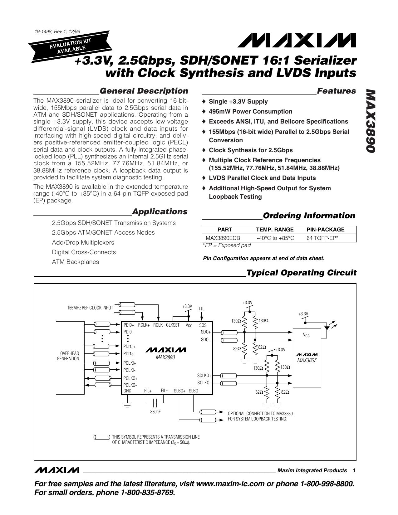 MAX3890 Full Data Sheet (PDF) by Maxim