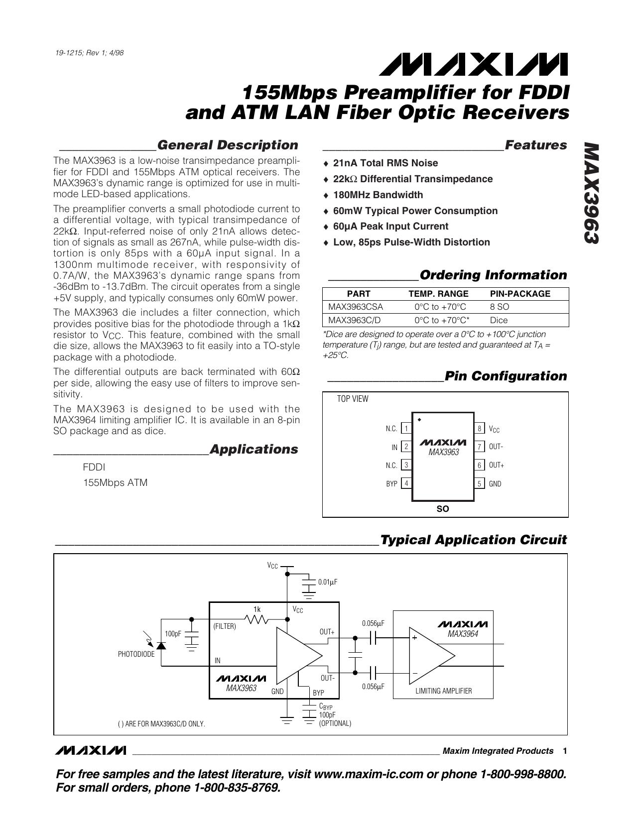 MAX3963 Full Data Sheet (PDF) by Maxim