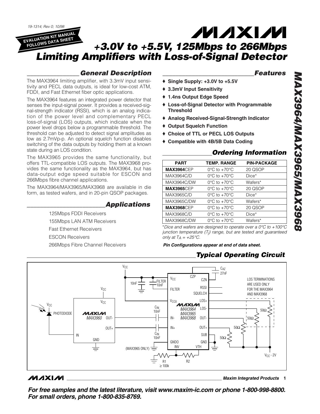 MAX3964MAX3965 Full Data Sheet (PDF) by Maxim