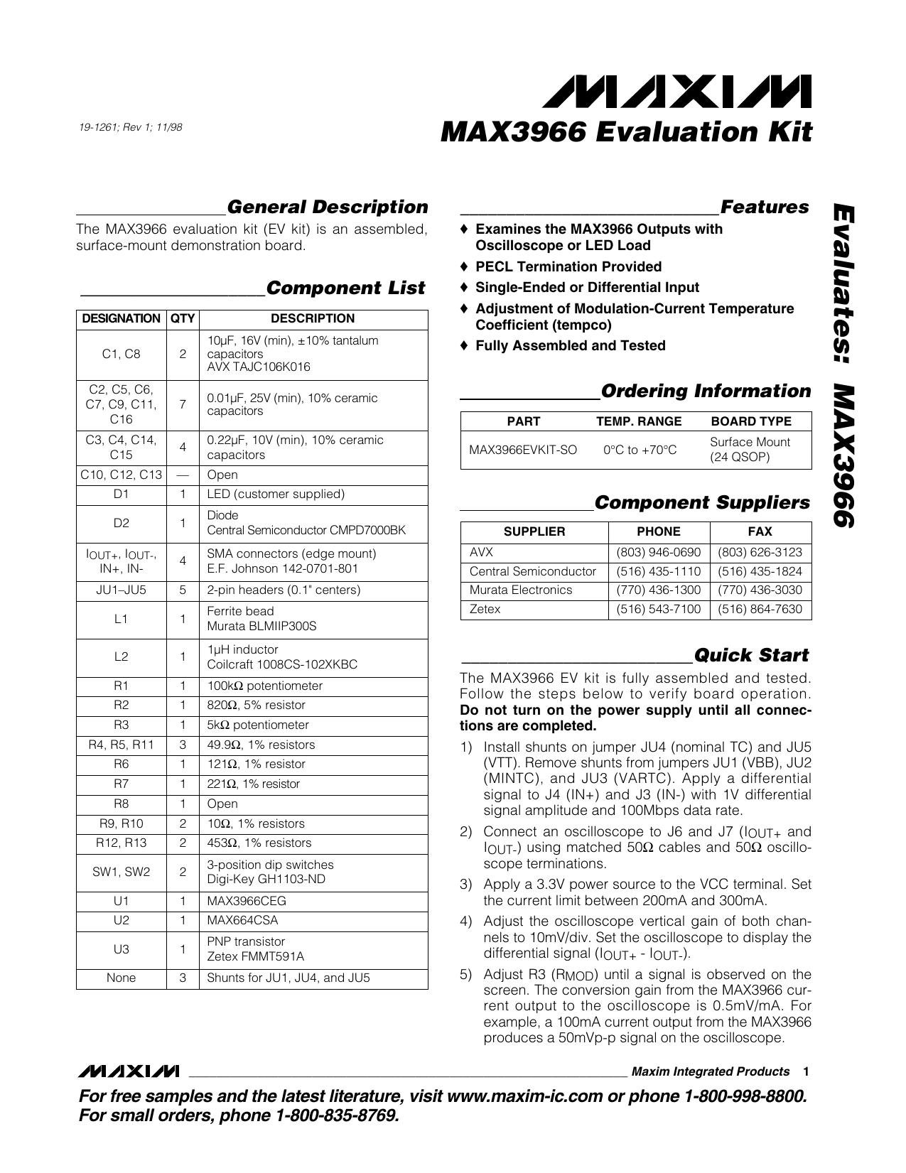 MAX3966 EV Kit Full Data Sheet (PDF) by Maxim