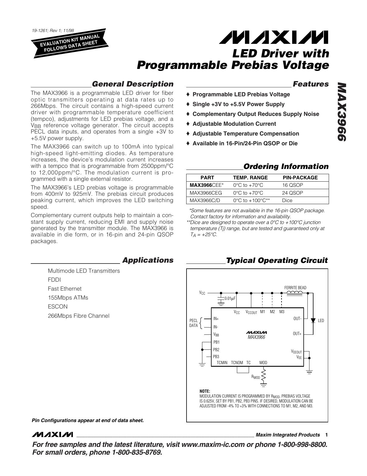 MAX3966 Full Data Sheet (PDF) by Maxim