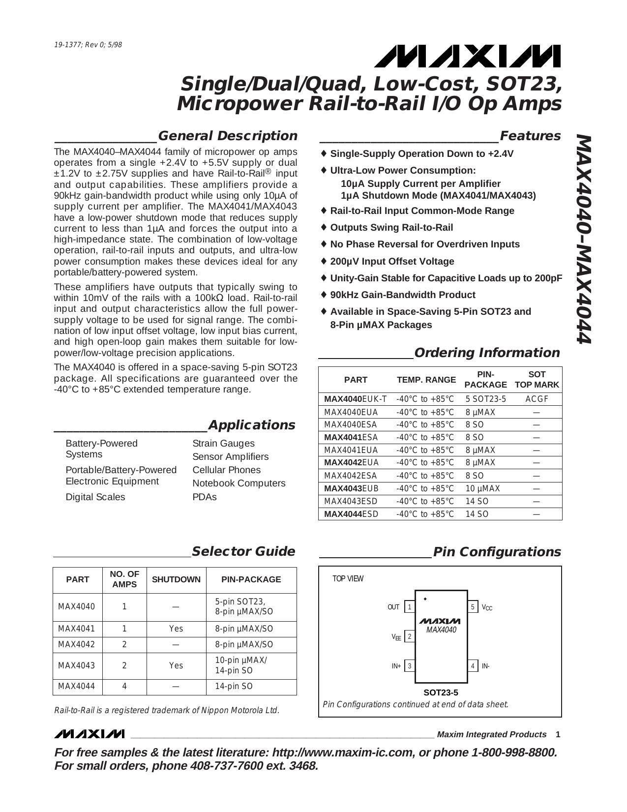 MAX4040MAX4041MAX4042MAX4043MAX4044 Full Data Sheet (PDF) by Maxim