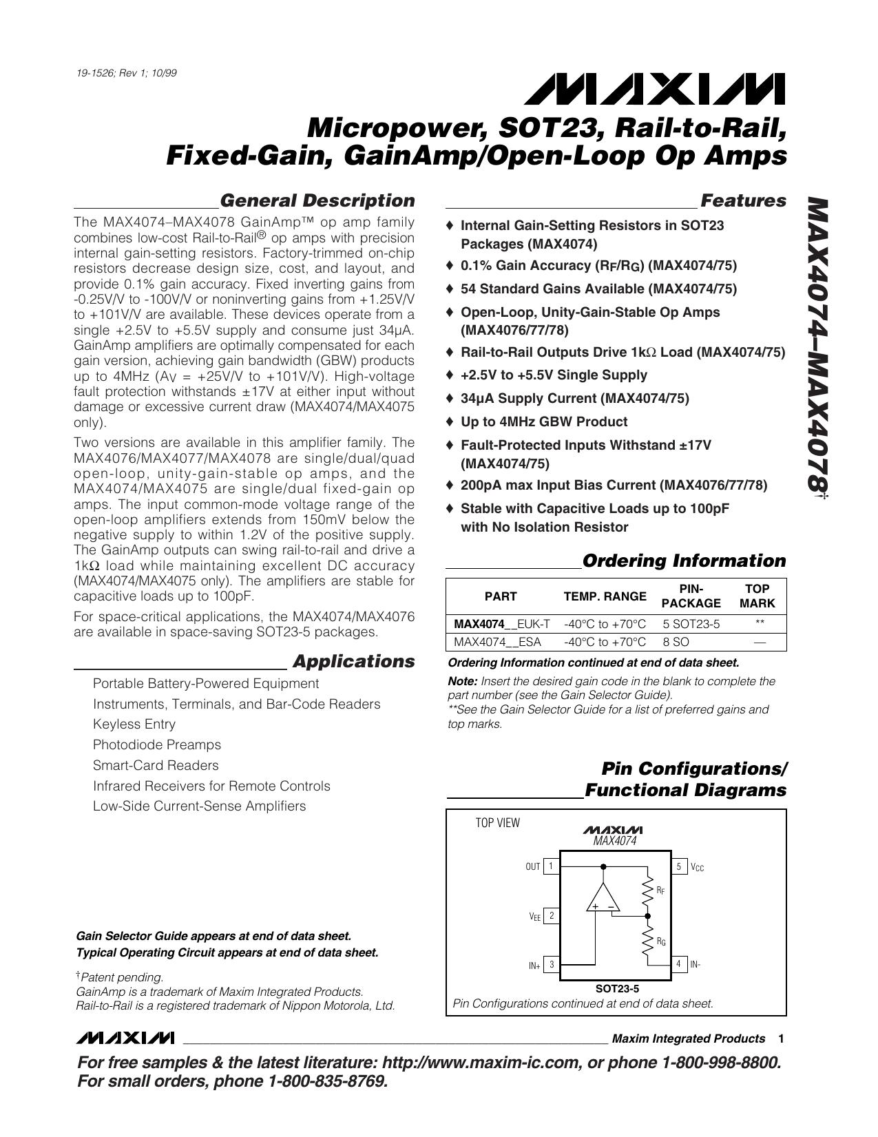 MAX4074MAX4075MAX4076MAX4077MAX4078 Full Data Sheet (PDF) by Maxim