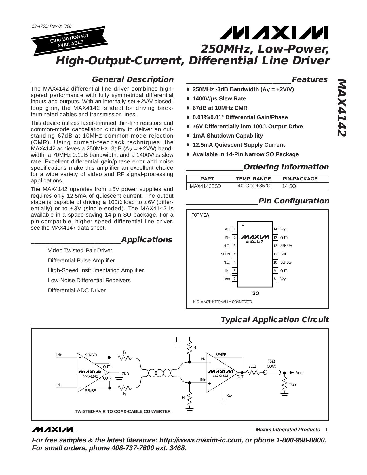 MAX4142 Full Data Sheet (PDF) by Maxim