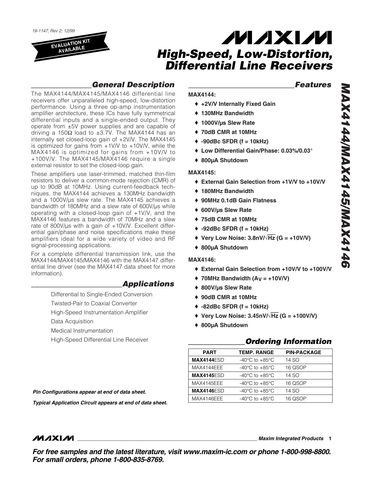 MAX4144MAX4145MAX4146 Full Data Sheet (PDF) by Maxim