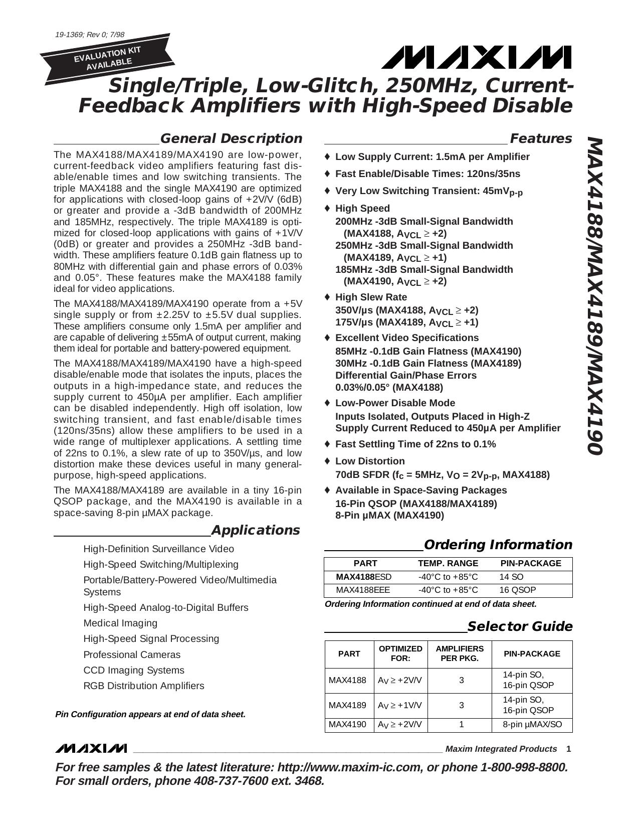 MAX4168MAX4189MAX4190 Full Data Sheet (PDF) by Maxim