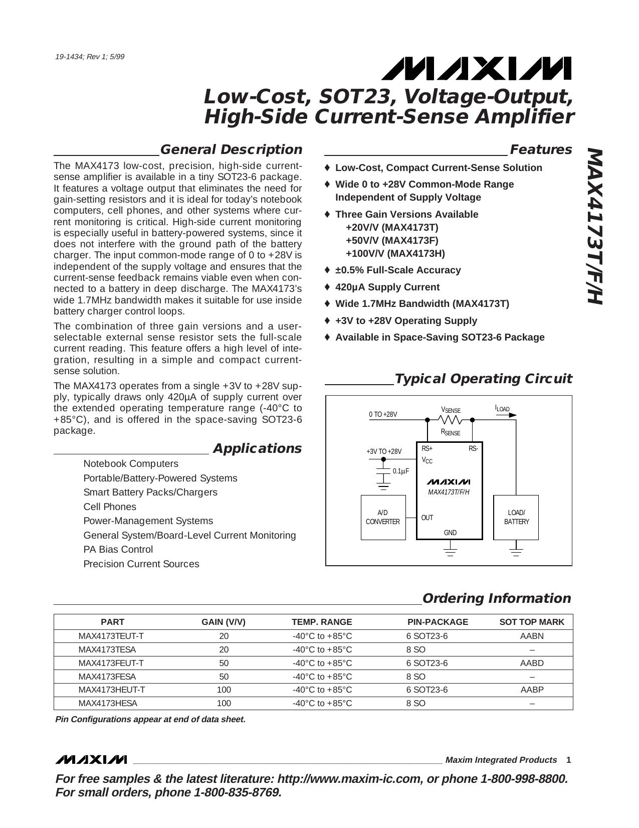 MAX4173 Full Data Sheet (PDF) by Maxim