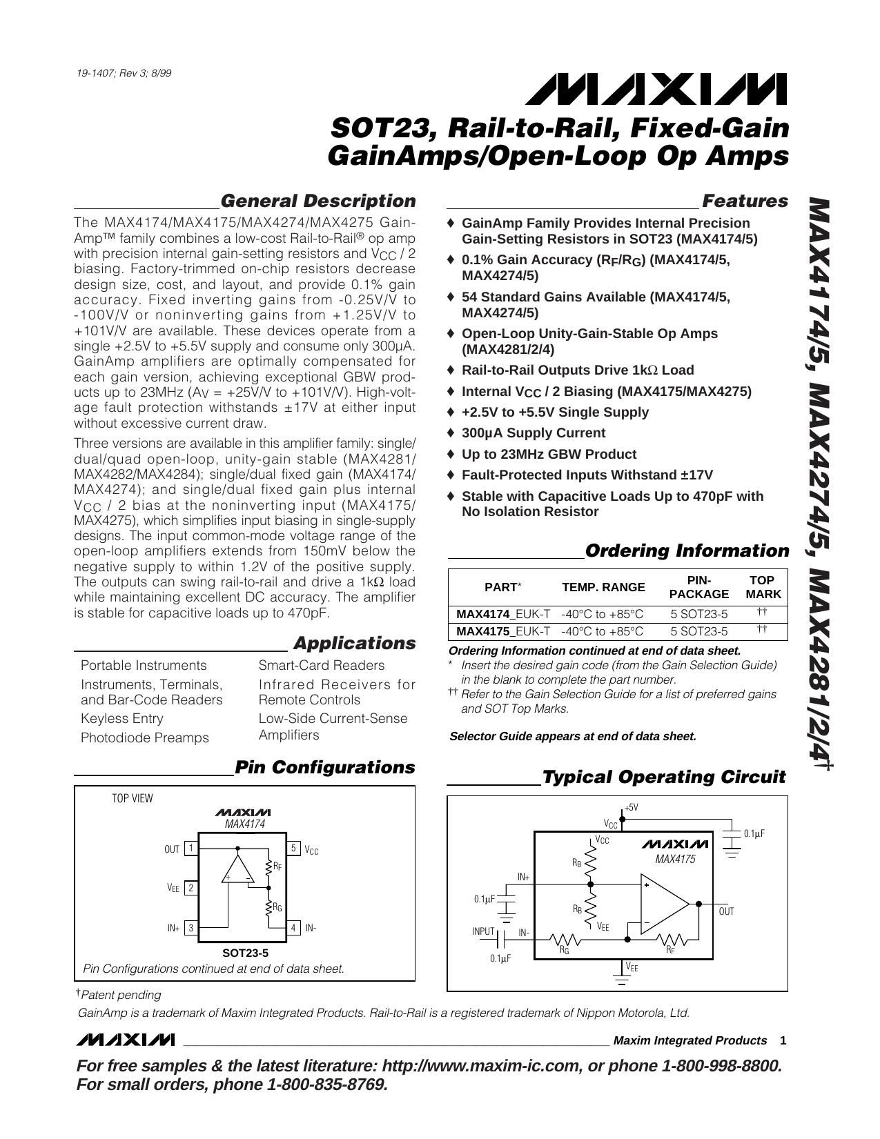 MAX4174MAX4175MAX4274MAX4275 Full Data Sheet (PDF) by Maxim