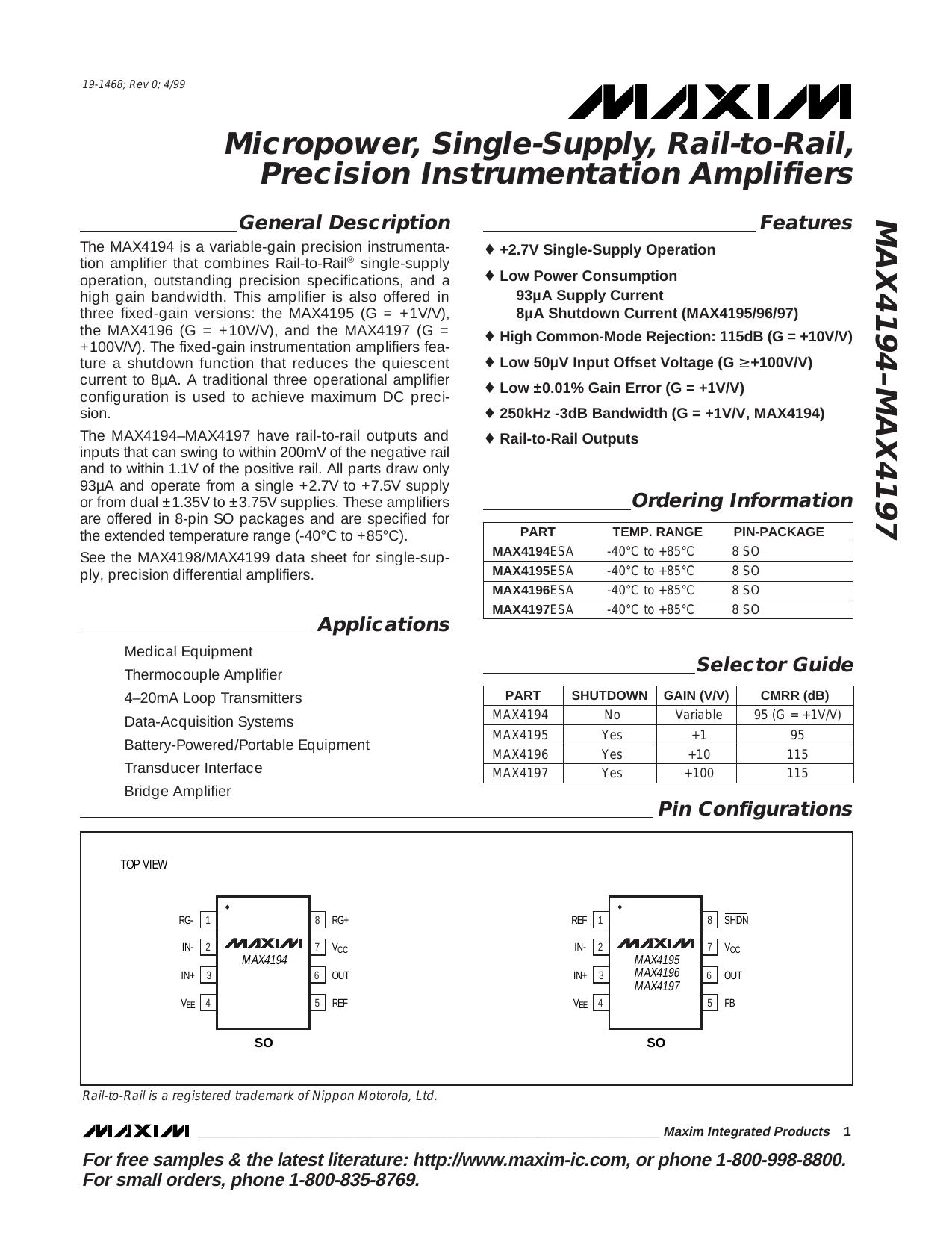 MAX4194 Full Data Sheet (PDF) by Maxim