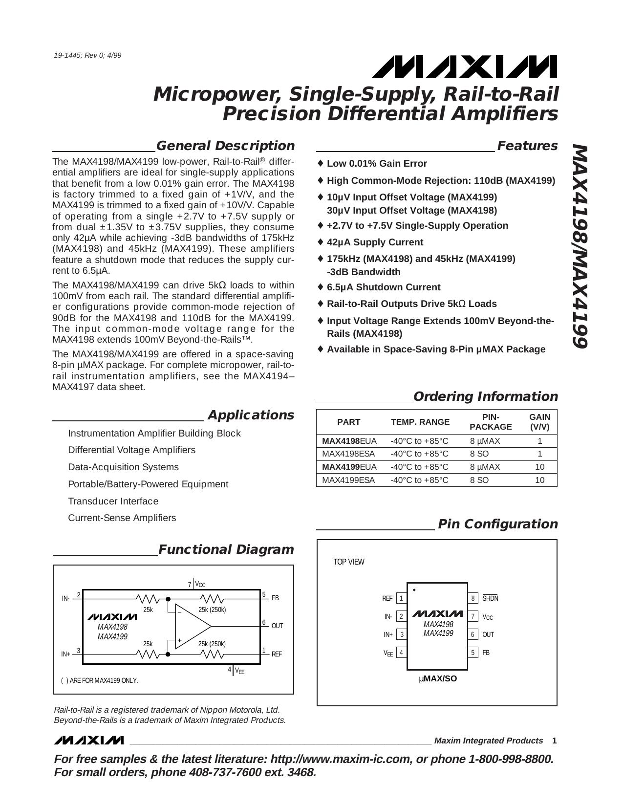 MAX4198MAX4199 Full Data Sheet (PDF) by Maxim
