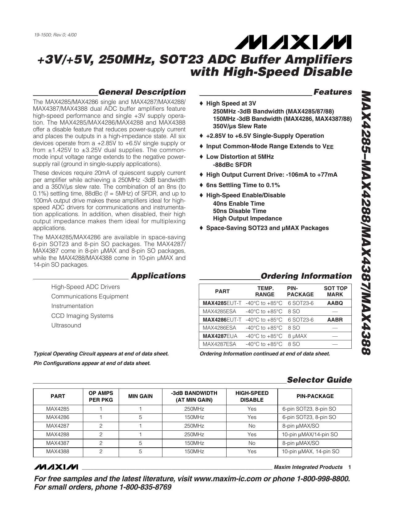 MAX4285MAX4286MAX4287MAX4288MAX4387MAX4388 Full Data Sheet (PDF) by Maxim