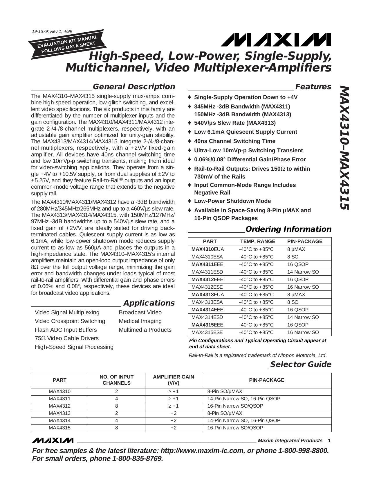 MAX4310-MAX4315 Full Data Sheet (PDF) by Maxim