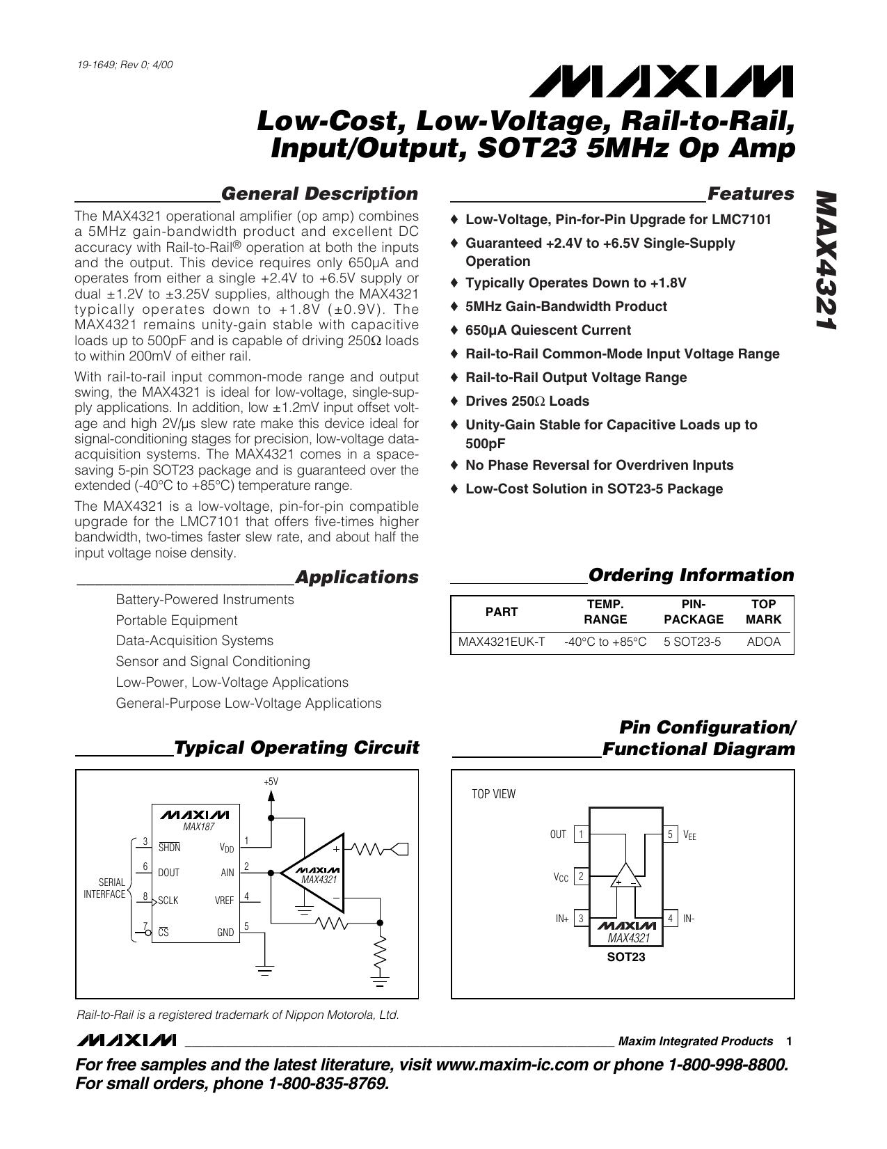 MAX4321 Full Data Sheet (PDF) by Maxim