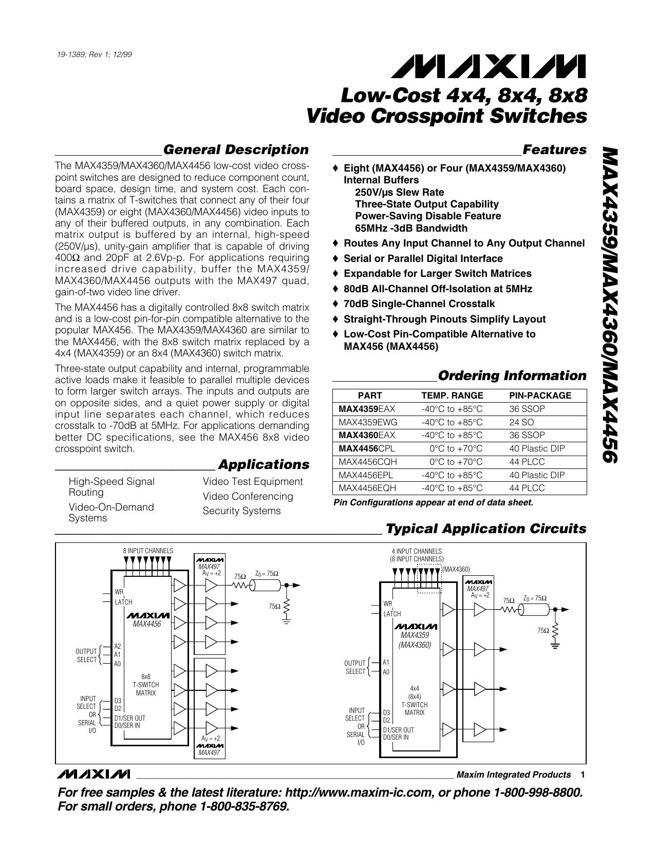 MAX4359MAX4360MAX4456 Full Data Sheet (PDF) by Maxim
